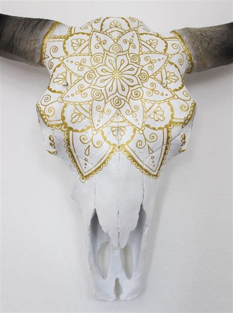 Beautiful Hand Painted Faux Cow Skull With Gold Mandala Etsy Cow