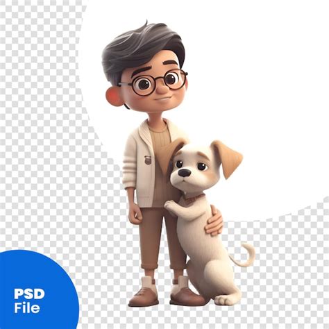 Renderização 3d de um menino um cachorro isolado no modelo psd de