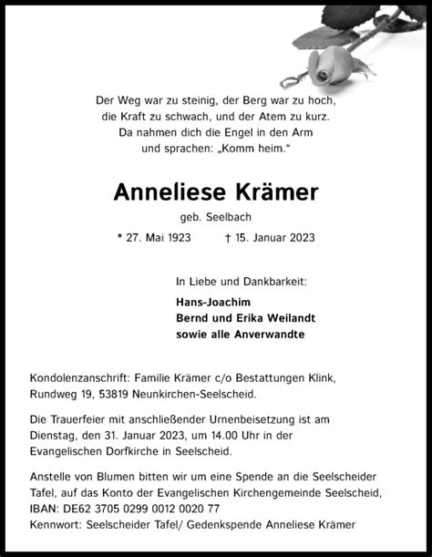 Traueranzeigen Von Anneliese Kr Mer Wirtrauern