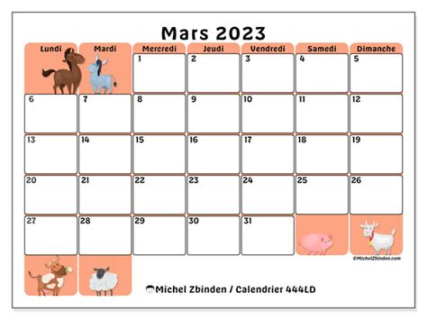 Calendrier mars 2023 à imprimer 444LD Michel Zbinden BE