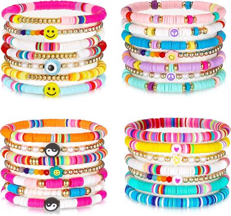 28 Pcs 4 Set Heishi Surfer Bracelets Set Colorful Preppy Happy Smile