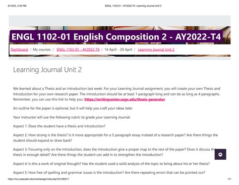 SOLUTION Engl 1102 01 Ay2022 T4 Learning Journal Unit 2 Studypool