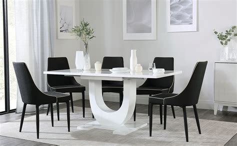 Oslo White High Gloss Extending Dining Table With 4 Modena Black Fabric