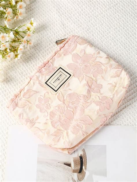 Jacquard Pink Flower Cosmetic Bag Canvas Pouch Women Portable Clutch