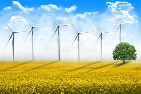 Wind Energy Turbines Spinning On A Field On A Summer Day Stock Image Image Of Spinning Effect