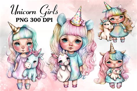 Cute Unicorn Girl Watercolor Clipart Graphic By Cat Lady Creative Fabrica