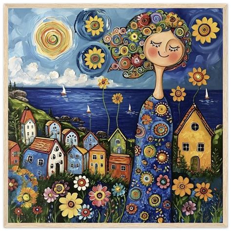 A Painting Of A Woman With Sunflowers In Her Hair And Houses By The Water