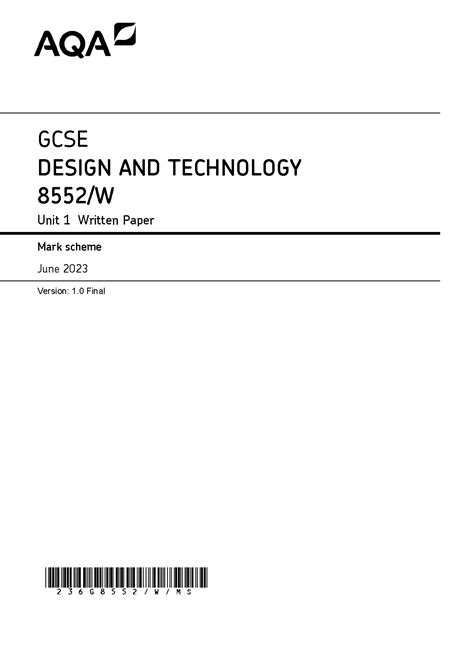 AQA GCSE DESIGN AND TECHNOLOGY PAPER 1 MARK SCHEME 2023 8552 W