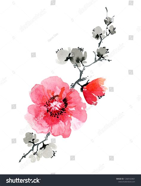 Japanese Flowers Watercolor Illustration Hand Drawn Stock Illustration ...