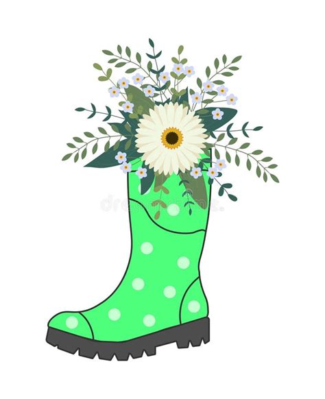 Cute Bouquet In Green Rubber Boots Gardening Boot With Flowers Stock