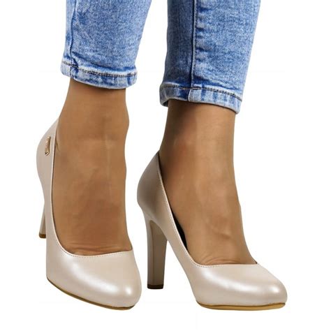 DAMSKIE CZÓŁENKA SZPILKI WYGODNE BUTY NA SŁUPKU OBCASIE NUDE PERŁOWE 183522038 ERLI pl