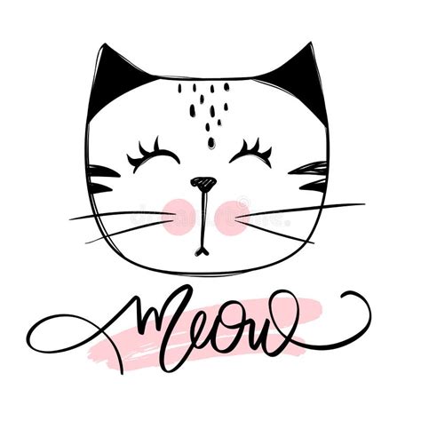 Vector Cute Cat Illustration Hand Drawn Stylish Kitten Doodle Kitty Meow Lettering Stock