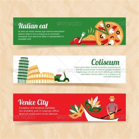 Three Banners With Different Food Items On Them