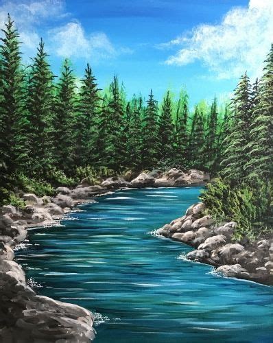 A Painting Of A River With Rocks And Trees On The Shore Painted In