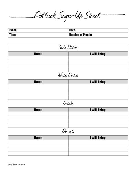 Potluck Printable Sign Up Sheet