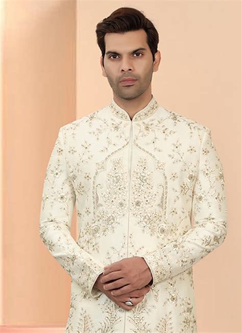 Buy Off White Art Silk Hand Work Embroidered Sherwani Wedding Wear