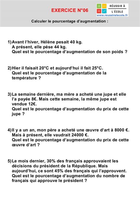 Exercice Pourcentage 10 Problèmes niveau collège avec corrections