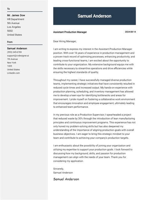 Assistant Production Manager Cover Letter Example For Tips