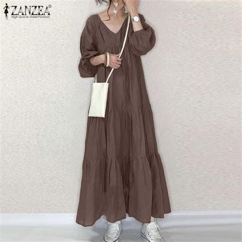 Cheap Zanzea Women Casual V Neck Long Sleeve Loose Long Dress Joom