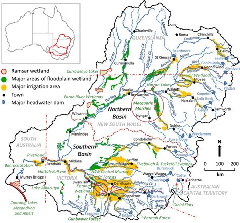Map of the Murray–Darling Basin showing major wetlands, irrigation ...