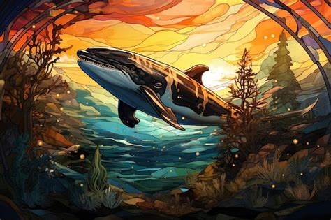 Premium AI Image Orca Killer Whale In Stained Glass Style Painting