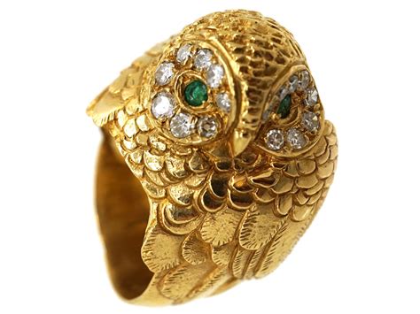 18ct Gold Owl Ring Set With Emeralds Diamonds 6 A The Antique