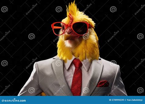 Chicken In Suit And Sunglasses On Black Background Generative Ai Stock