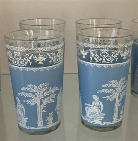 Vintage Jeanette Wedgewood Blue Hellenic Greek Roman Drinking Glasses 4 3854519170