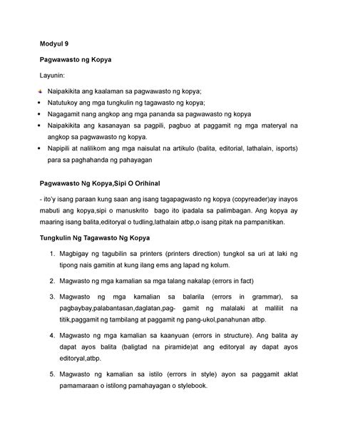 Modyul 9 Pagwawasto Ng Sipi Modyul 9 Pagwawasto Ng Kopya Layunin Naipakikita Ang Kaalaman Sa