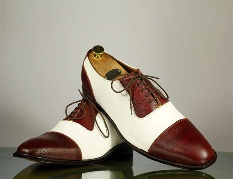 Men's Handmade White Burgundy Cap Toe Lace Up Formal Shoes, Men ...