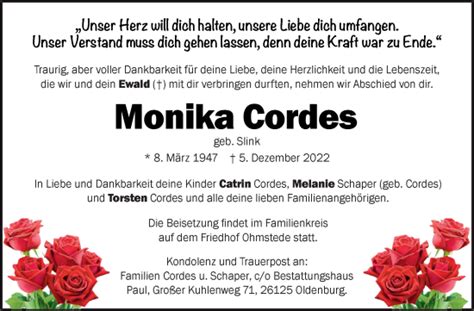 Traueranzeigen Von Monika Cordes Nordwest Trauer De