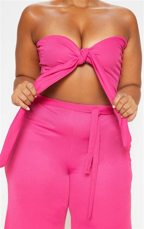 Plus Hot Pink Tie Front Crop Top Plus Size Prettylittlething Ksa