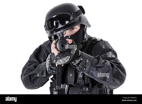 Spec Ops Police Officer Swat In Black Uniform Studio Shot Stock Photo