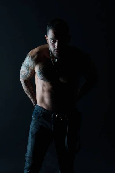 Bodycare With Fitness And Sport Man With Tattoo Design On Skin Bearded Man Shirtless With Fit