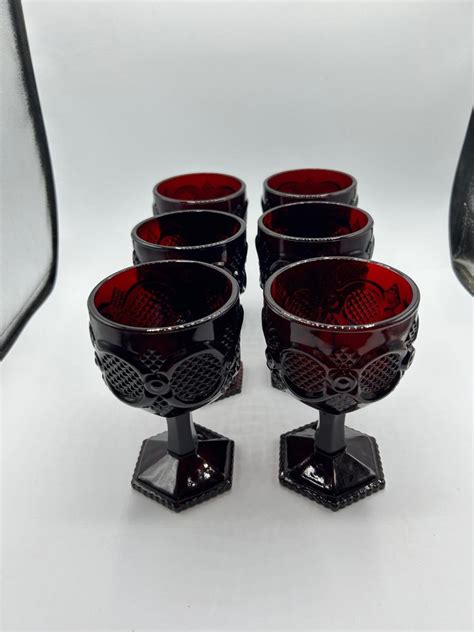 Set Of Ruby Red Wine Goblet Stemware Drink Glasses Cape Cod