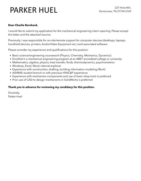 Mechanical Engineering Intern Cover Letter Velvet Jobs