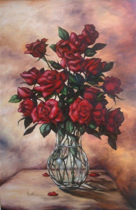 Jarr N Con Rosas Rojas Cuadro Original Leo Sobre Tela Comprar