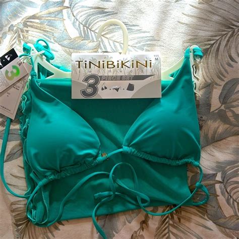 TiniBikini Swim New Tinibikini Swimwear 3 Piece Set Bikini W Sheer Coverup Skirt Green L