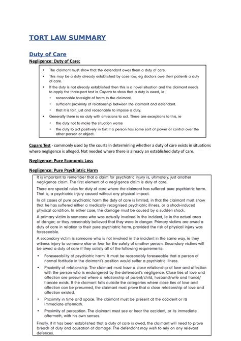 TORT LAW Notes TORT LAW SUMMARY Duty Of Care Negligence Duty Of Care