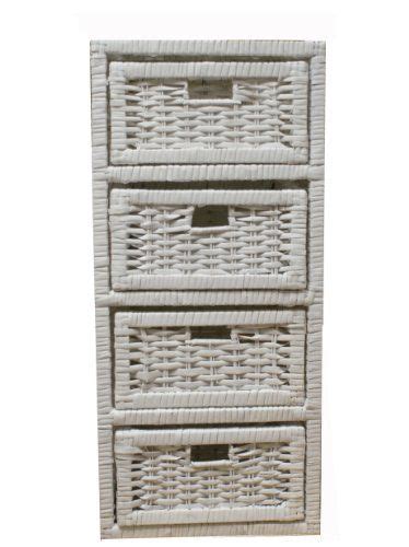 Woodluv 4 Drawer White Wicker Storage Tower Unit Home Bathroom Bedroom