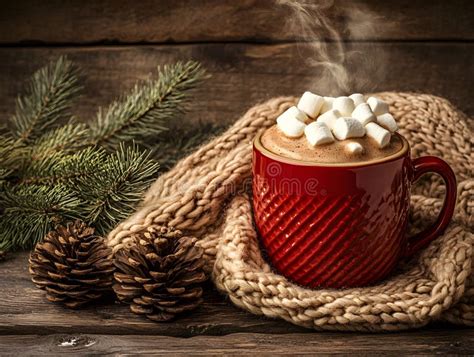 Cup Of Tasty Hot Chocolate Or Mug Of Cocoa With Marshmallows And Pine Branches And Cones On Cosy
