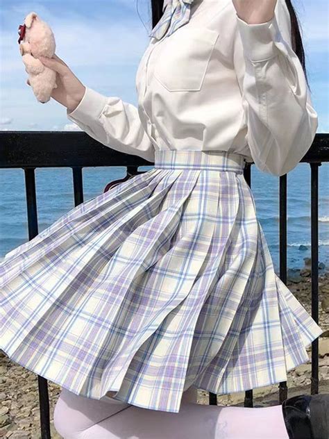 Light Style Plaid Pleated Skirt With Matching Bow Womens Pleated