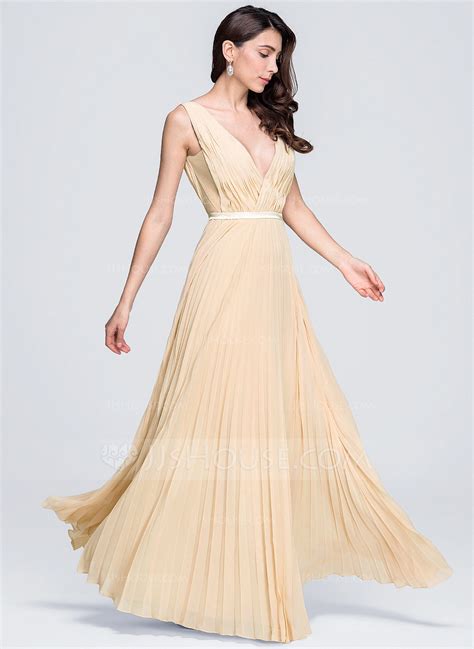 A Line Princess V Neck Floor Length Chiffon Evening Dress With Pleated