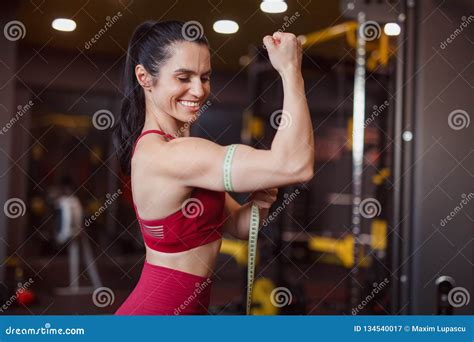 Smiling Woman Measuring Bicep Stock Image Image Of Fitness Lifestyle