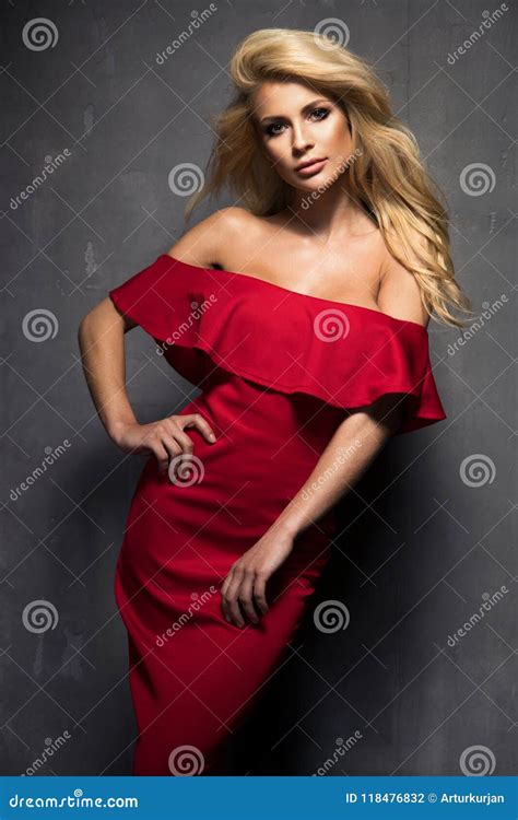 Sensual Beautiful Blonde Woman Posing In Red Dress Stock Photo Image Of Looking Blonde