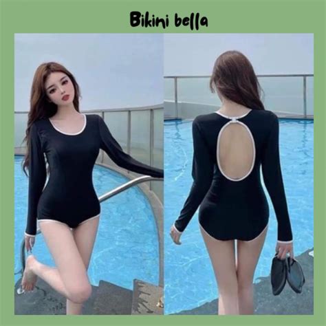 Bikini mảnh Đồ bơi nữ liền mảnh CÀI KHÓA SAU khoét lưng màu đen viền trắng sporty BELLA