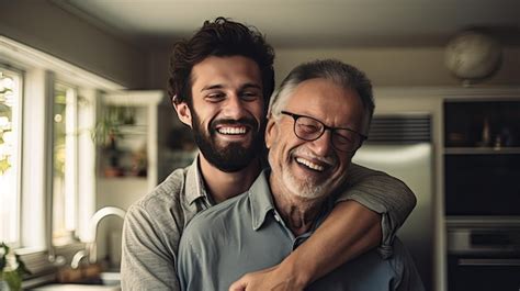 Premium Photo An Adult Son Lovingly Hugging His Old Father At Home