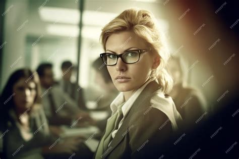 Premium Photo A Woman Wearing Glasses And A Tie Stands In Front Of A Group Of People