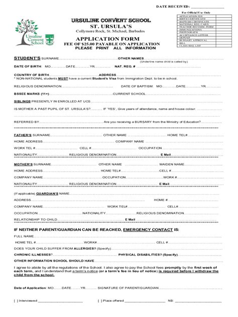 Fillable Online Ursuline Convent School St Ursula S Application Form