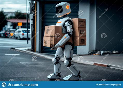 Humanoid Robot Courier Delivery Service Delivering Packages To A